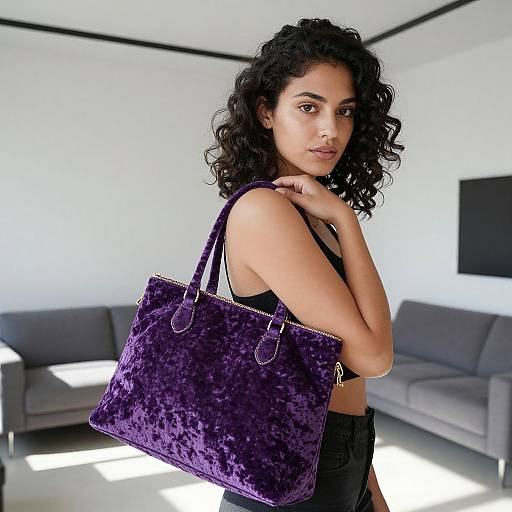 Photograph of a curly-haired woman with light brown skin, wearing black lace, holding a purple velvet handbag, in a modern white living room with