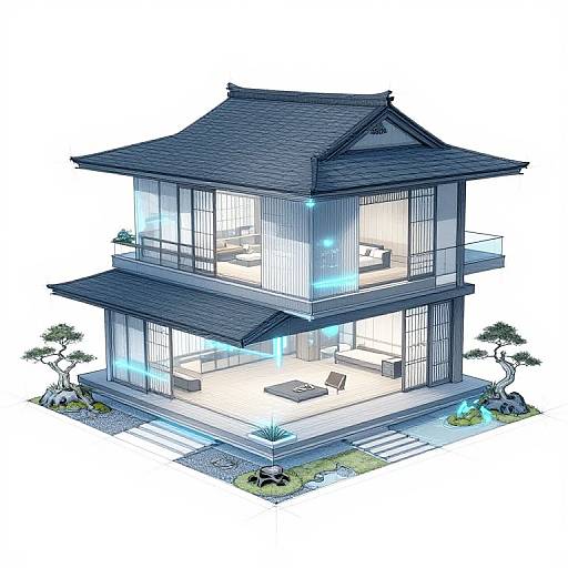 Digital illustration of a modern, two-story Japanese house with blue-tiled roof, glass walls, and illuminated interior, surrounded by small trees.