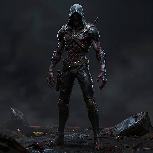 Digital artwork of a dark, hooded, muscular figure with glowing eyes, skeletal face, and blood-stained armor standing on a blood-splattered