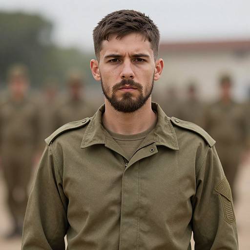 Photograph of a serious, bearded Caucasian male soldier with short dark hair, wearing an olive green military uniform, standing in front of blurred, similarly