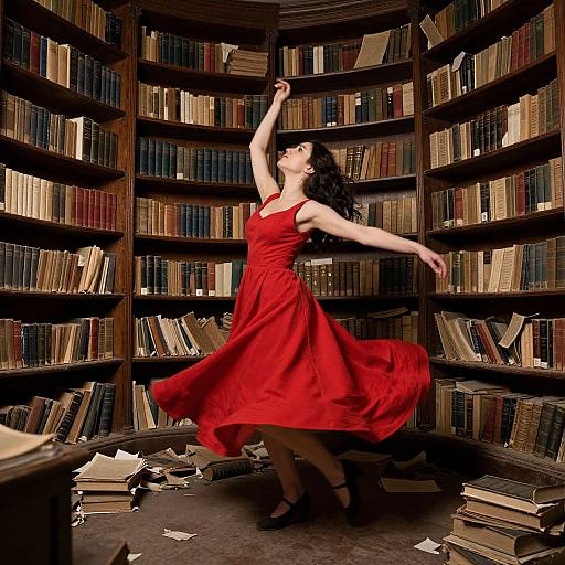 Photograph of a curly-haired woman in a flowing red dress, black heels, dancing joyfully in a dimly lit, overflowing bookshelf room.