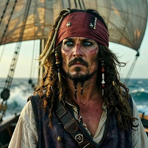 Photograph of a rugged, dirty-faced pirate with long, wet hair, red bandana, black vest, and white shirt, standing on a ship