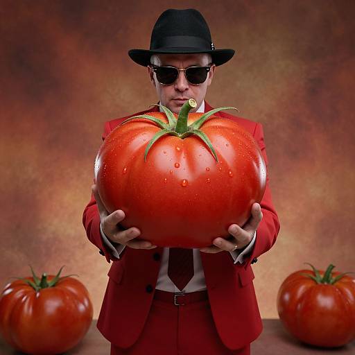 Man in Red Suit with Giant Tomato