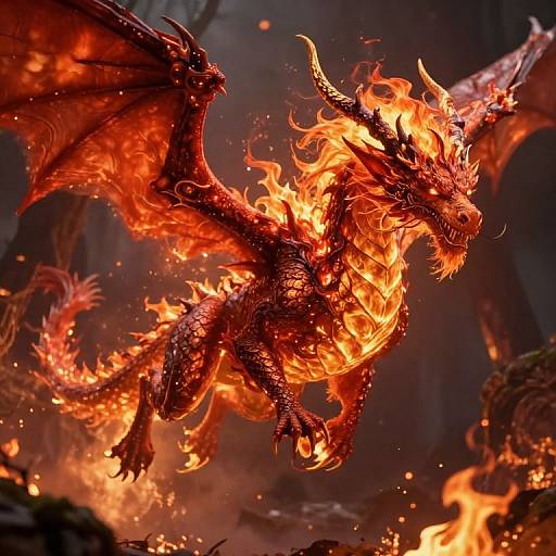 Digital artwork of a fiery red dragon with glowing orange flames, sharp horns, and wings spread, soaring through a dark, smoky forest.
