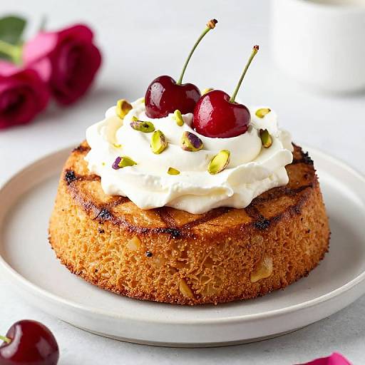 Photograph of a golden-brown, grilled coffee cake topped with whipped cream, two cherries, and pistachio nuts on a white plate.