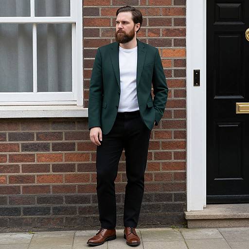 Photograph of a bearded man with dark hair, wearing a black blazer, white t-shirt, black pants, and brown shoes, standing against