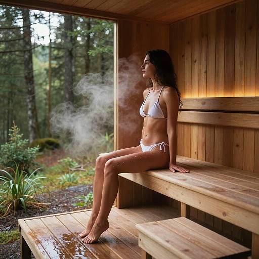 Photograph of a fit, tan-skinned woman in a white bikini, sitting in a wooden sauna, surrounded by forest, with steam rising.