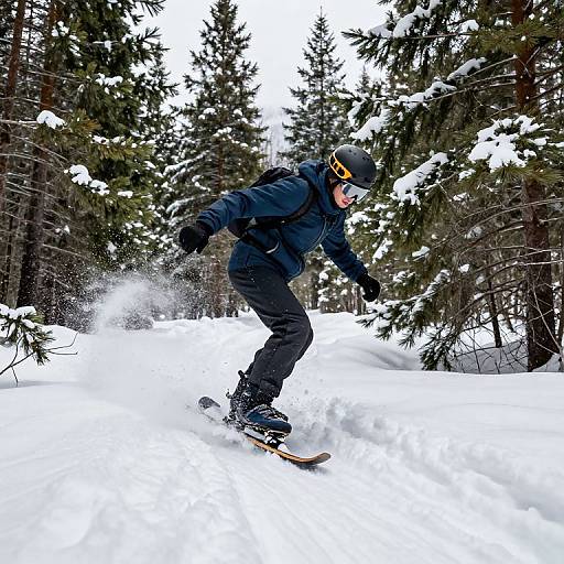 Photograph of a snowboarder in black gear, goggles, and helmet, carving through deep snow in a forest of snow-covered evergreen trees.
