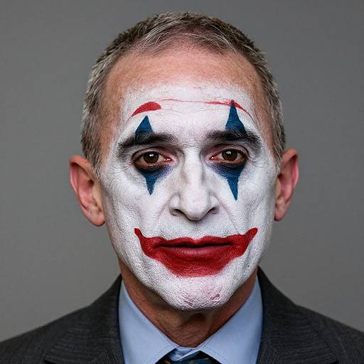 Photograph of middle-aged man with white face paint, blue triangle eyes, red smile, wearing black suit, light blue shirt, gray background.