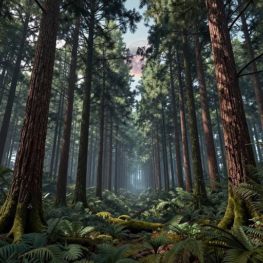 Photograph of a serene redwood forest with tall, towering trees, sunlight filtering through, and lush green ferns covering the forest floor.