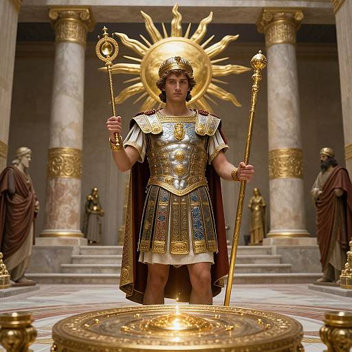 Photorealistic CGI of a young man in ancient Roman-style armor and crown, holding a golden staff, standing in a grand temple with marble columns and