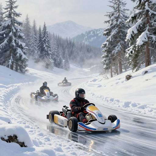 Photograph of three snowmobile racers speeding down a snowy forest trail, surrounded by tall snow-laden pine trees and misty mountains.