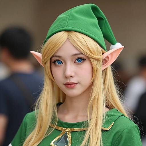 Photograph of a young woman with blonde hair, blue eyes, elf ears, and a green hat and shirt, standing outdoors. Background is blurred with