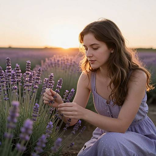 Photograph of a young woman with long brown hair, wearing a lavender dress, gently touching lavender flowers at sunset in a lavender field.