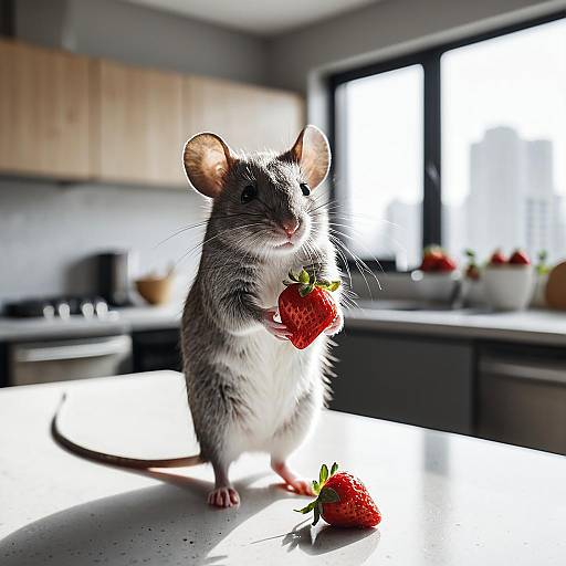 Mouse Holding Strawberry in Modern Kitchen