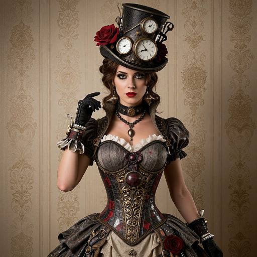Steampunk woman with black top hat, clock hands, red rose, black corset, lace, and gloves, against vintage-patterned wallpaper.