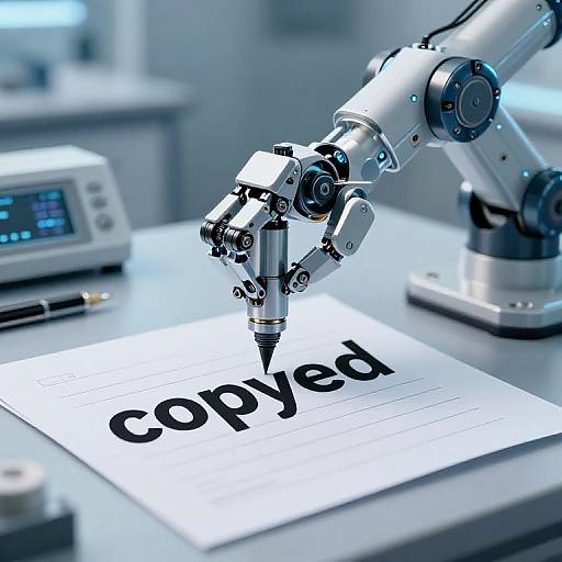 Photograph of a robotic arm with a precise needle pen correcting the word 