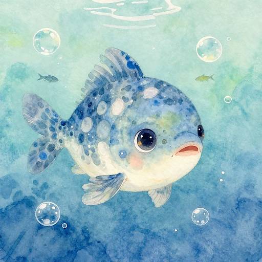 Watercolor illustration of a cute, round, blue and white-spotted fish with wide eyes, small mouth open, surrounded by bubbles underwater.