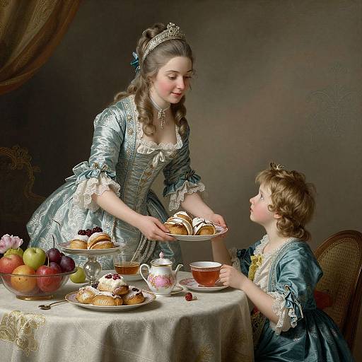 Photograph-style painting: Elegant young woman in blue satin dress with crown, offering pastries to seated child in similar dress, at a table with te