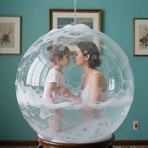 Photograph of a woman and young girl in white dresses, gazing at each other inside a clear, bubble-filled snow globe, against a teal wall