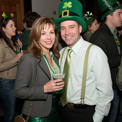 Photograph of a smiling couple at a St. Patrick's Day party; woman in gray blazer and green necklace, man in white shirt, gold