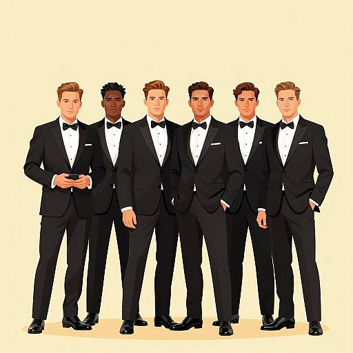 Men in Tuxedos Against Yellow Background