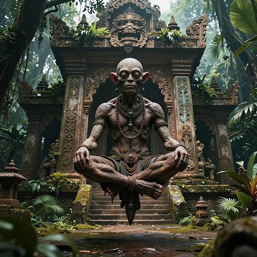 Golem Humanoid Meditating in Jungle Temple