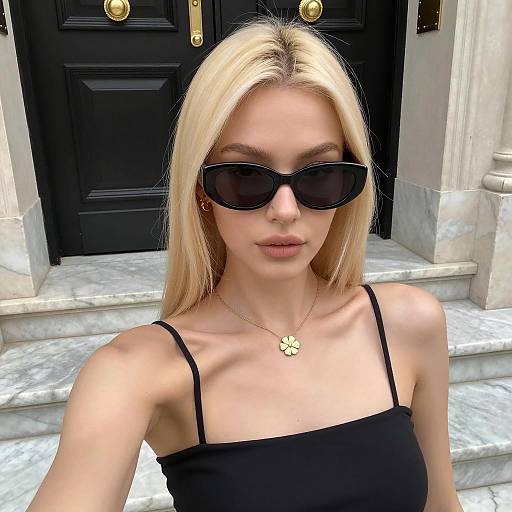 Blonde Woman Wearing Black Sunglasses and Gold Necklace