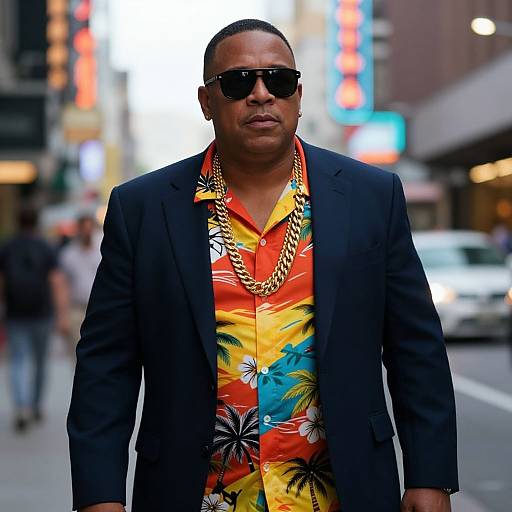 Photograph of a Black man in a black suit, dark sunglasses, and vibrant tropical shirt with palm prints, standing on a city street at night.