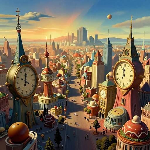 Digital artwork of a vibrant, sunlit, futuristic city with tall clock towers, red domes, and a distant skyline under a blue sky.