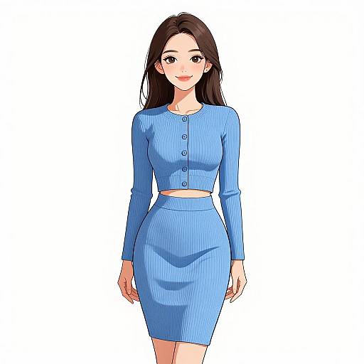 Digital anime-style drawing of a young woman with long black hair, wearing a light blue ribbed crop top and matching skirt, standing against a plain white