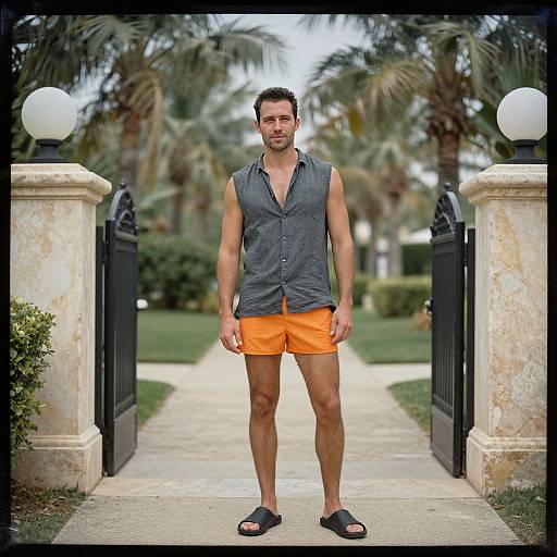 Photograph of a muscular man with short dark hair, wearing a sleeveless gray shirt, orange shorts, and black sandals, standing in a palm tree