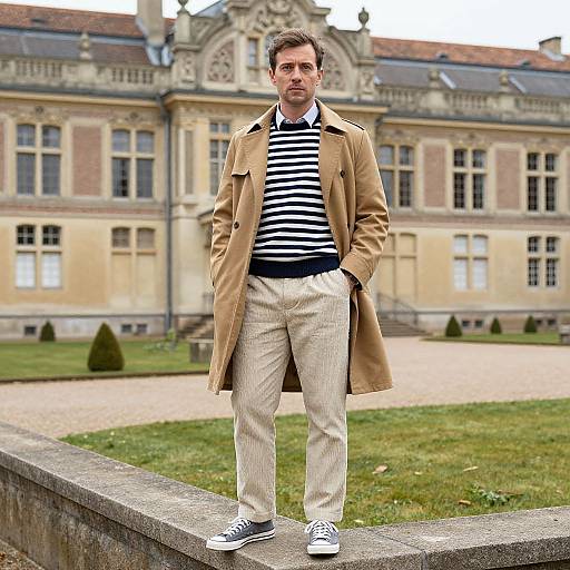 Photograph of a man with short brown hair, beard, wearing a tan coat, striped shirt, beige pants, and white sneakers, standing in front
