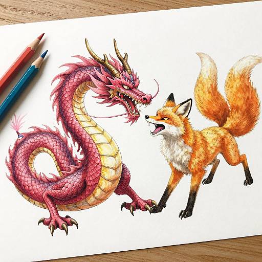 Vibrant Dragon vs. Fox Battle Illustration
