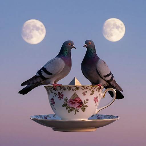 Pigeons on Floral Teacup at Twilight