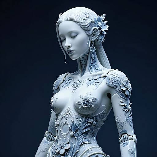 Photorealistic CGI of a blue monochromatic, ornate, nude female statue with intricate floral armor, long hair, and flower headpiece,