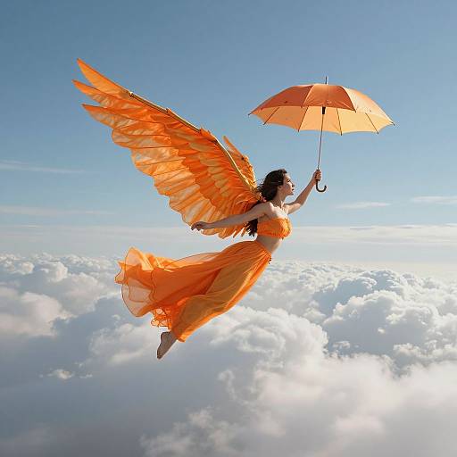 Photograph of a winged woman in an orange dress and matching umbrella, floating above a cloudy sky, holding the umbrella aloft.
