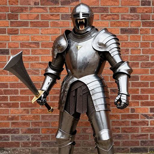 Photograph of a silver-armored knight with a raised battle axe, helmet with an open mouth, standing in front of a red brick wall.