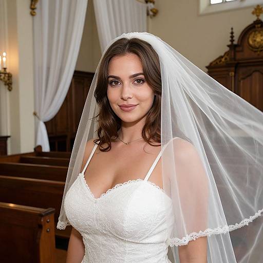 Photograph of a beautiful brunette bride with fair skin, wearing a white lace wedding dress and veil, standing in a wooden church.