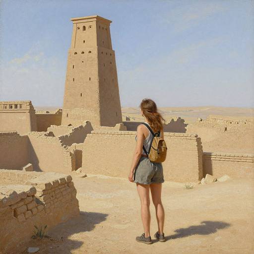 Photograph of a woman with brown hair, wearing a gray dress and backpack, standing in front of a tall, ancient, sand-colored tower in a