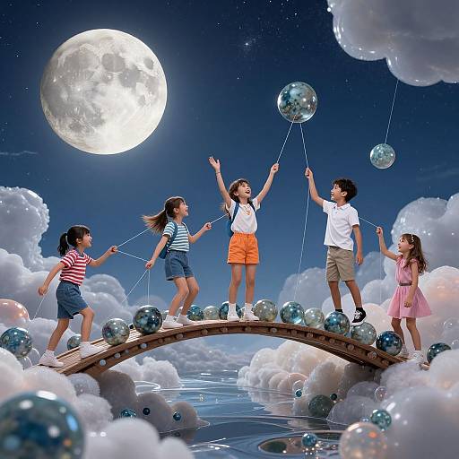 Children Building Dream Bridge to Moon