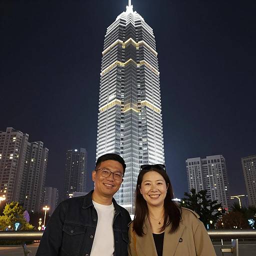 Vibrant Nighttime Cityscape with Smiling Friends