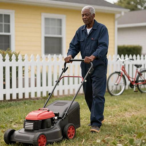 Older Man Mowing Lawn in Blue Jumpsuit
