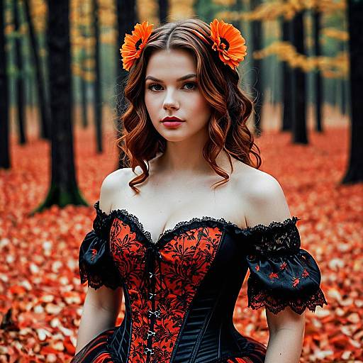 Woman in Red and Black Corset Dress in Autumn Forest