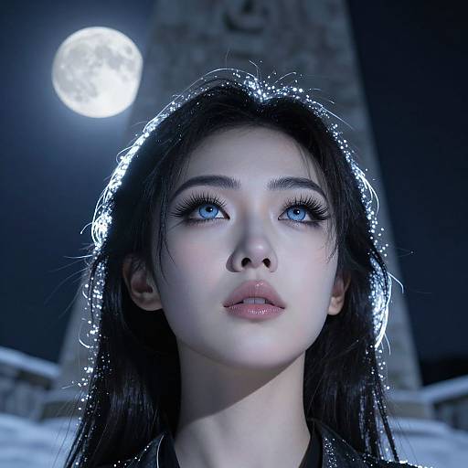 Photorealistic digital portrait of an Asian woman with glowing hair, blue eyes, and full lips, under a full moon, stone tower background.