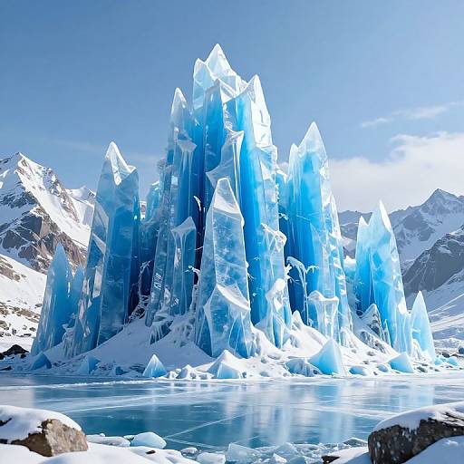 Photograph of towering, vibrant blue icebergs with sharp, crystalline edges, standing in a frozen, snowy landscape with a clear blue sky.