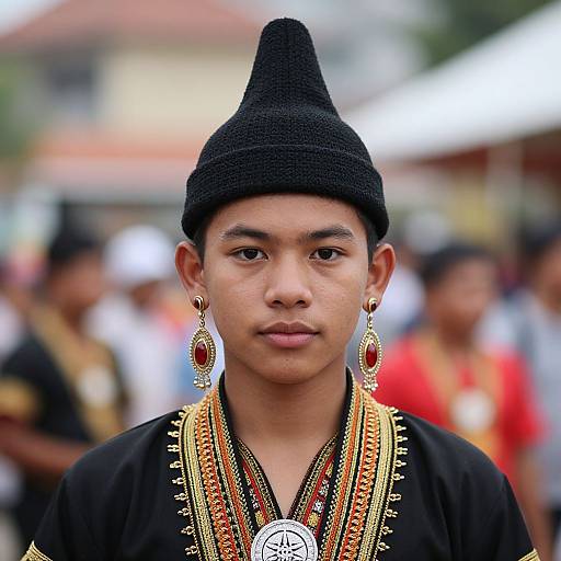 Photograph of a young Asian man with medium skin tone, wearing a black conical hat, ornate black and gold traditional necklace, and red earrings
