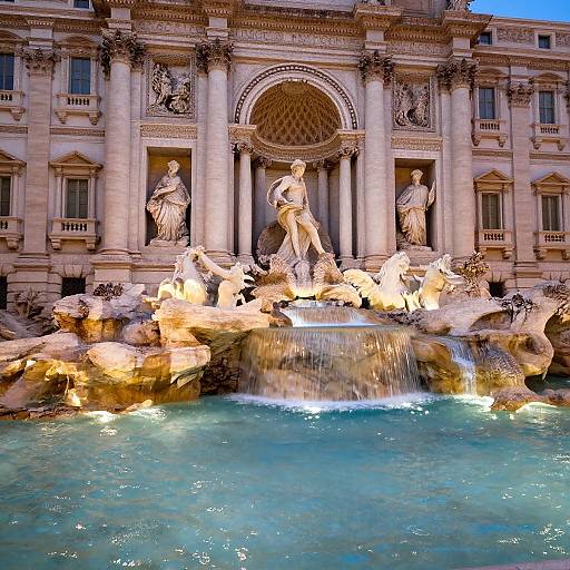 Photograph of a grand, illuminated fountain with classical statues, flowing water, and turquoise pool, in front of an ornate, neoclassical