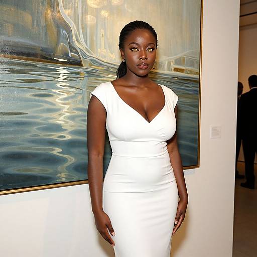 Photograph of a beautiful Black woman in a form-fitting white dress, standing in front of an abstract painting with blue and gold tones, in an