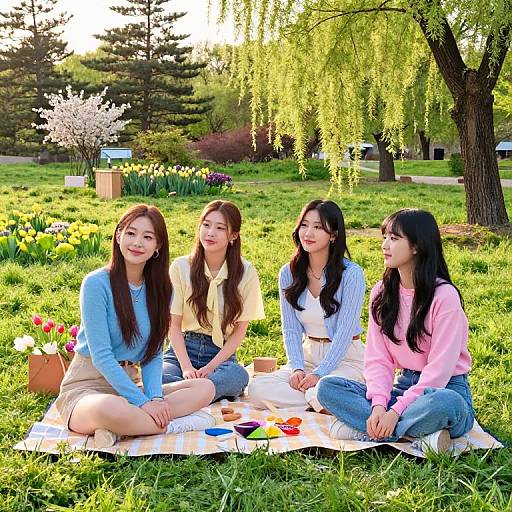 Four Asian women with long hair, casually dressed, sitting on a blanket in a sunny park, enjoying a picnic with colorful flowers.